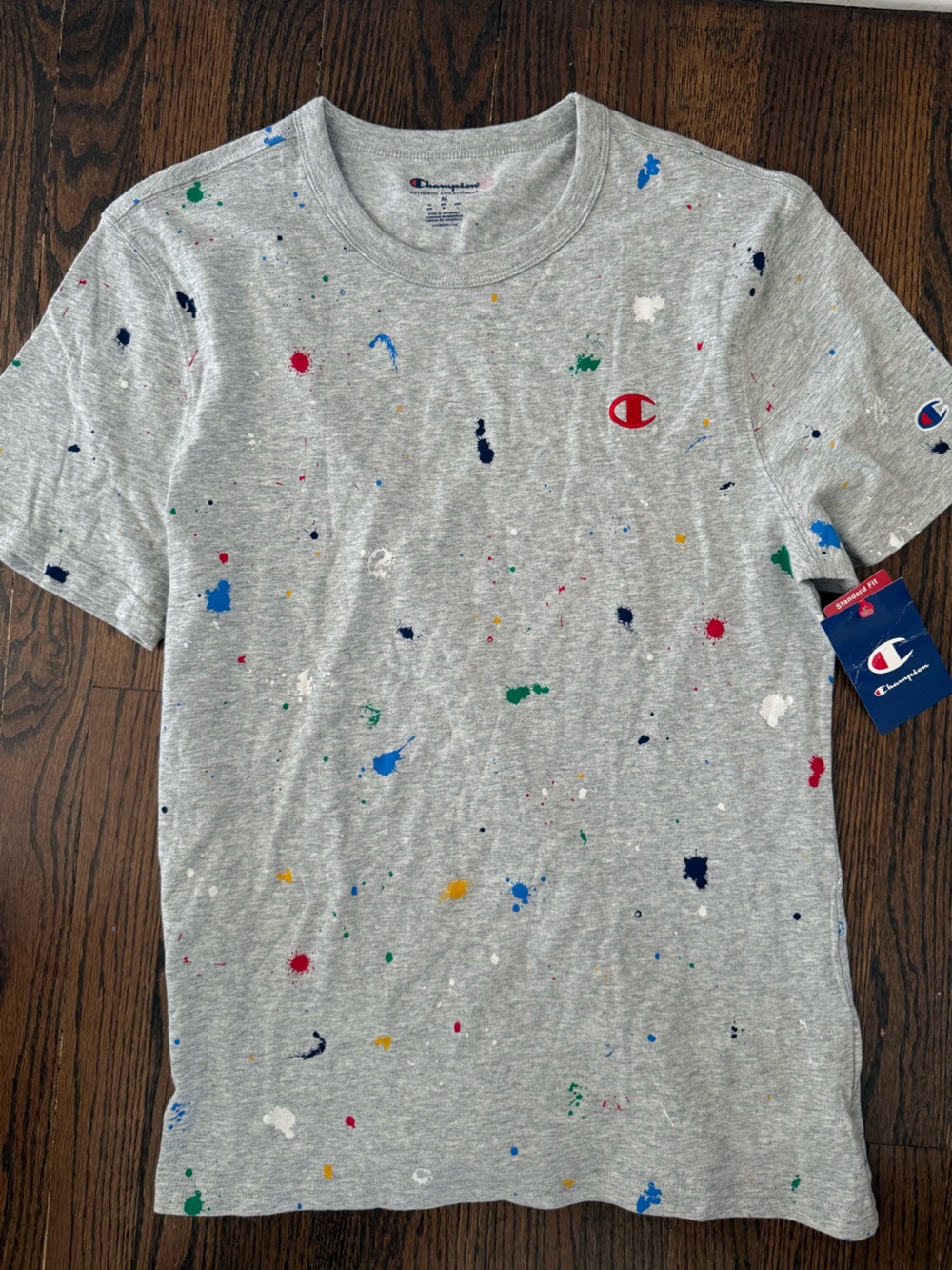 Champion Gray Paint-Splatter Tee with Multicolor Accents